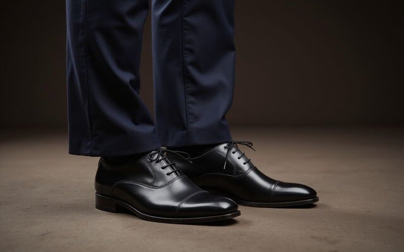 Trouser hem showing half break over dress shoes